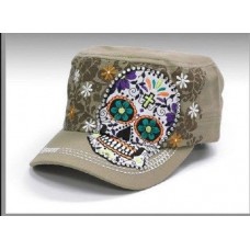 Sugar Skull  Khaki Hat Factory Distressed Cap Adjustable   eb-60428678